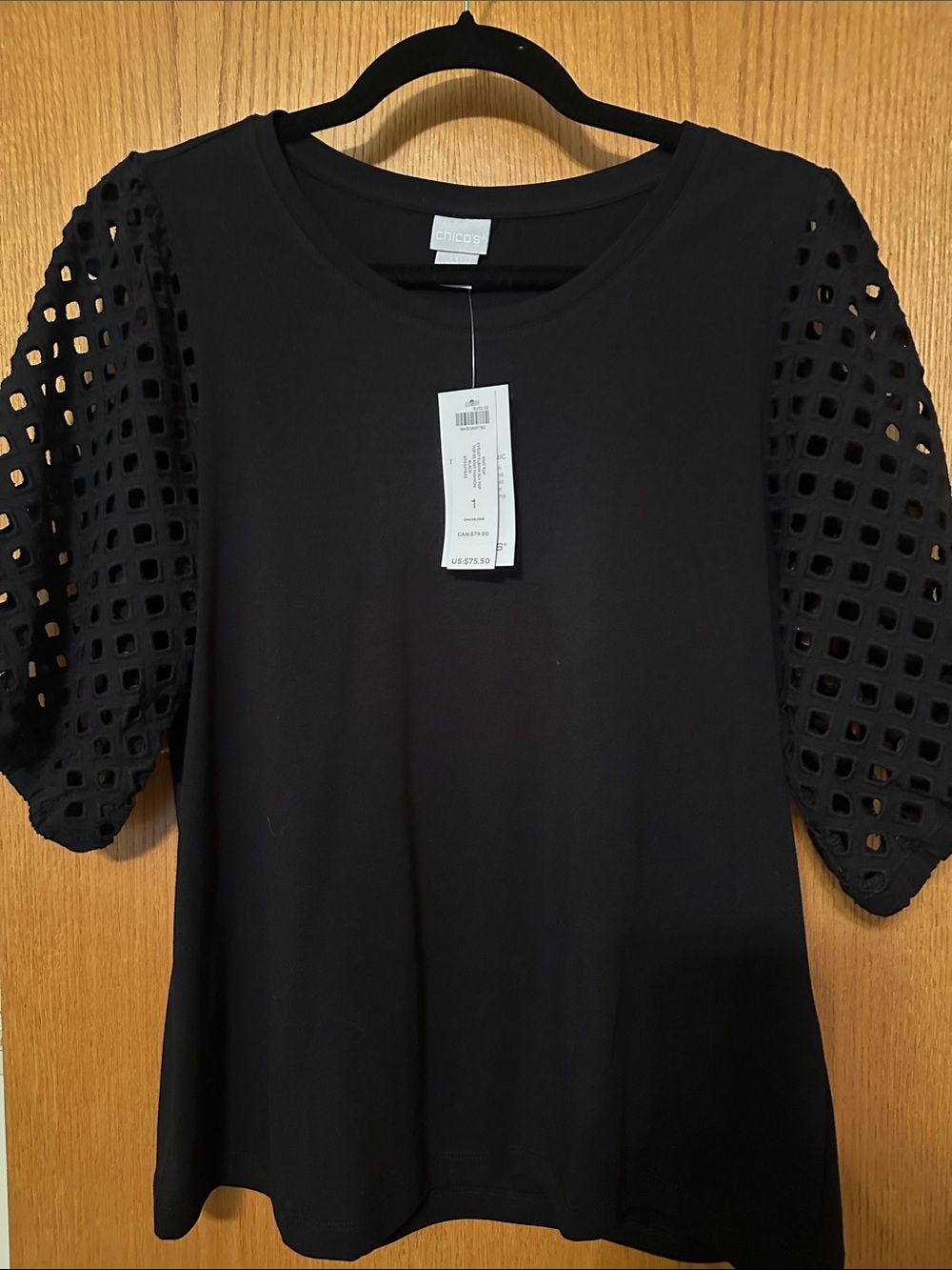 Chico's Black Knit Top with Lattice Puff Sleeves